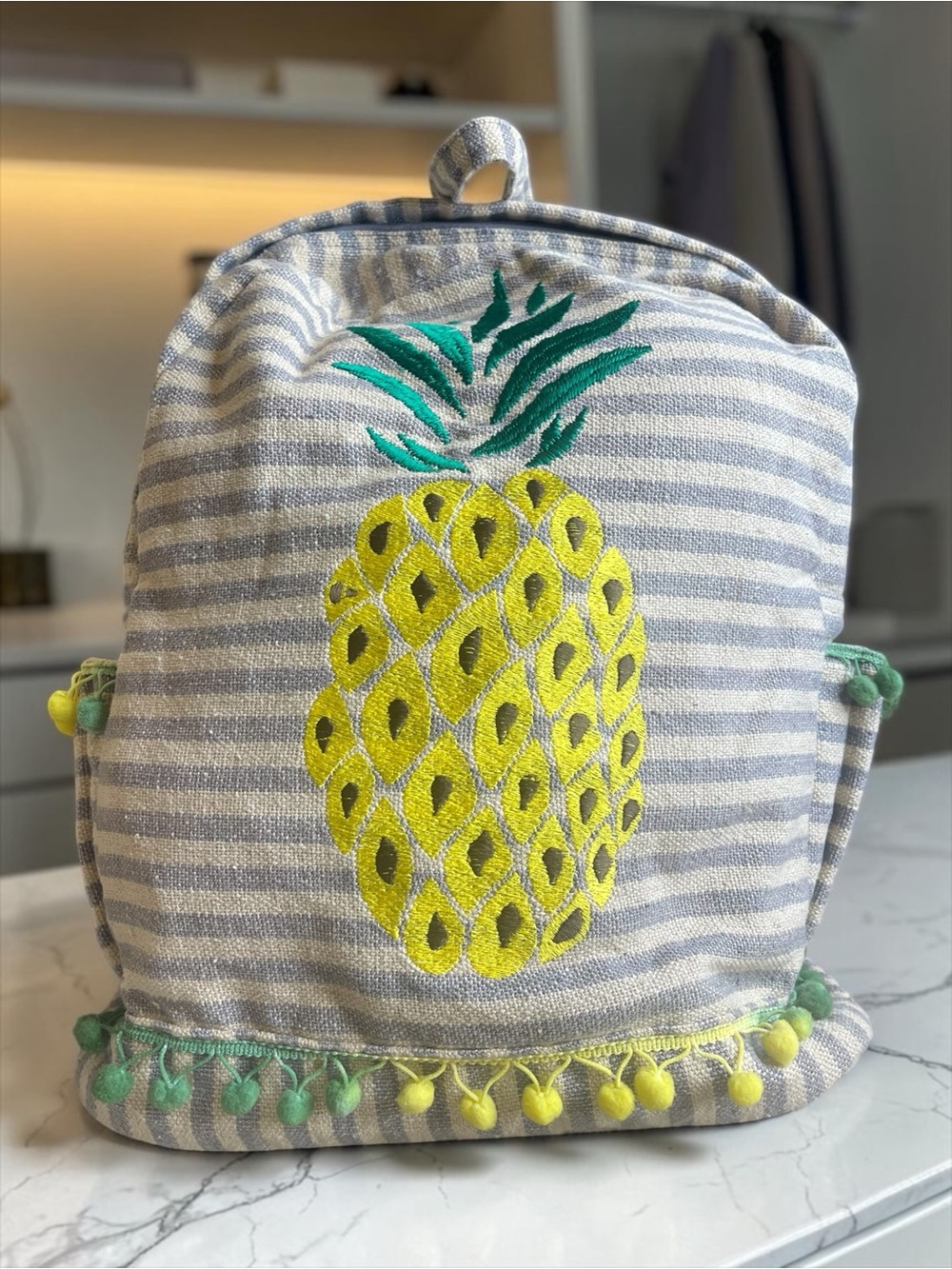 Pineapple Backpack Grey Striped Canvas Boho Travel School Bag Pom Poms - Picture 1 of 9